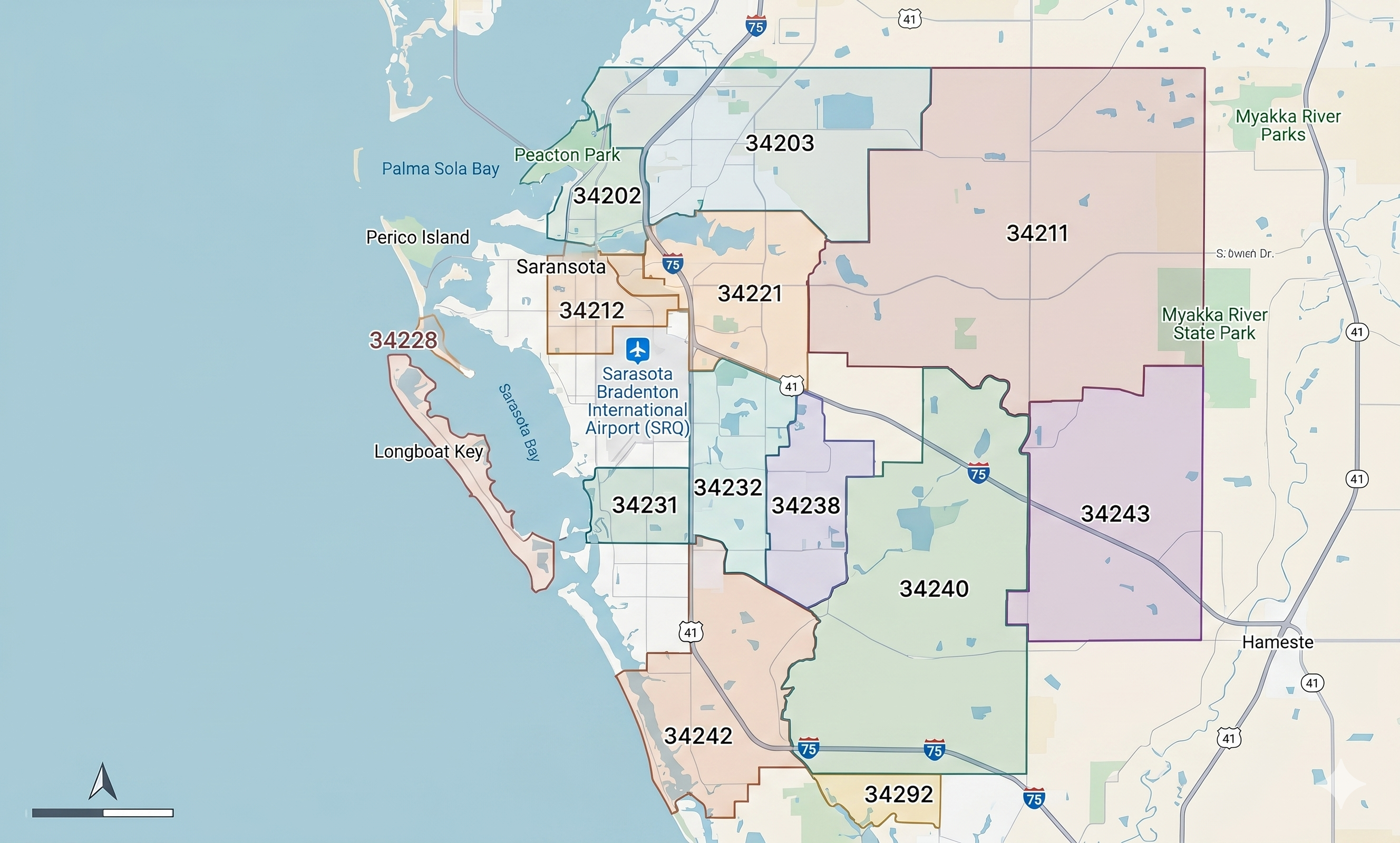 UBA Pressure Washing service area map showing 13 primary zip codes across Sarasota and Manatee Counties