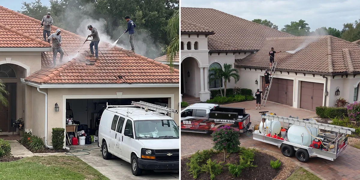 UBA soft wash roof cleaning equipment compared to generic pressure washing in Lakewood Ranch