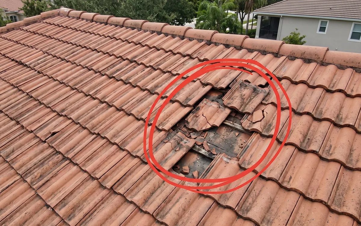 Lifted Florida tile edge exposing underlayment after hurricane wind