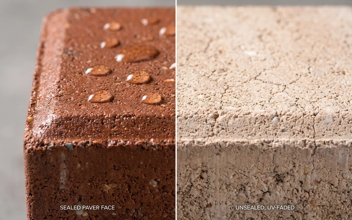 Water beading on a sealed Florida paver surface next to a faded unsealed paver