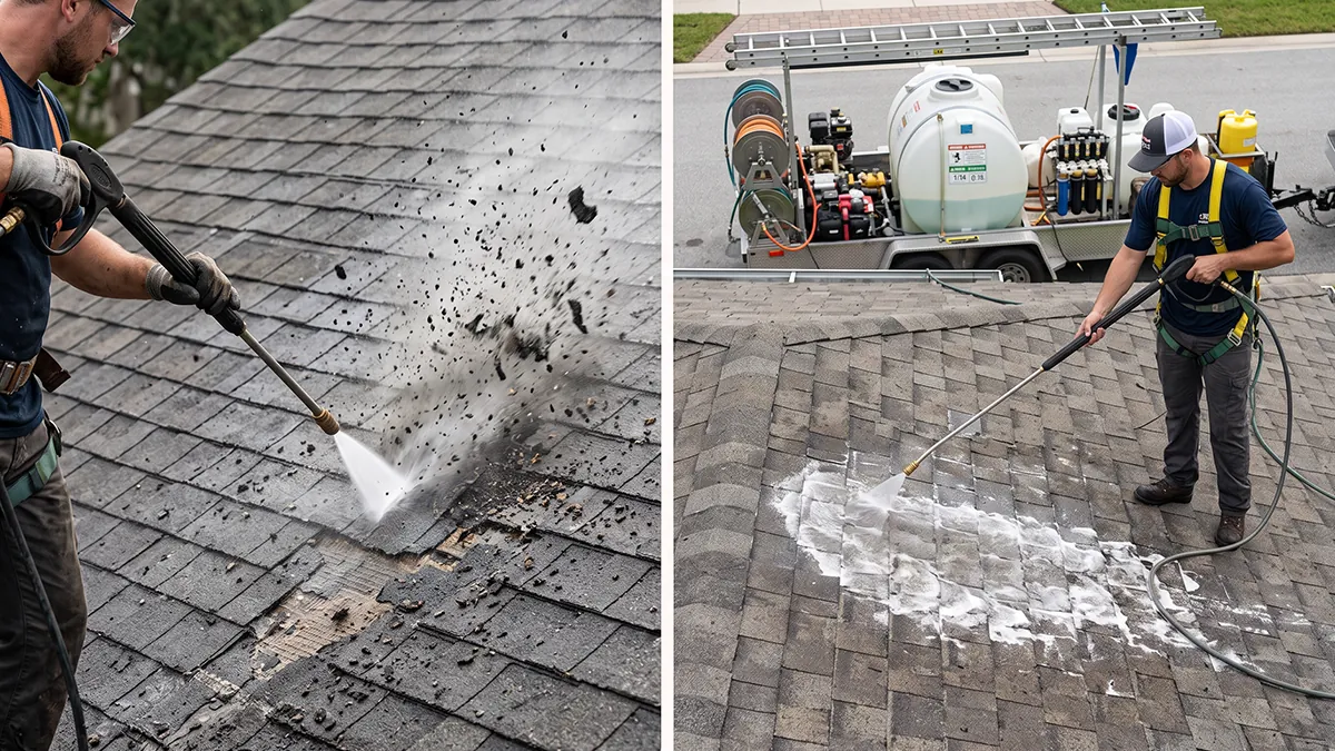 High-pressure washing damage compared with low-pressure soft wash on a Florida roof