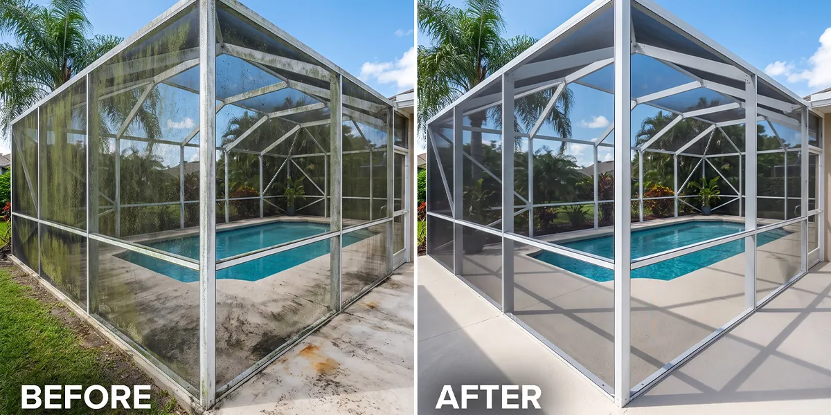 Florida pool cage after UBA pool cage cleaning with clear screens and a clean painted frame