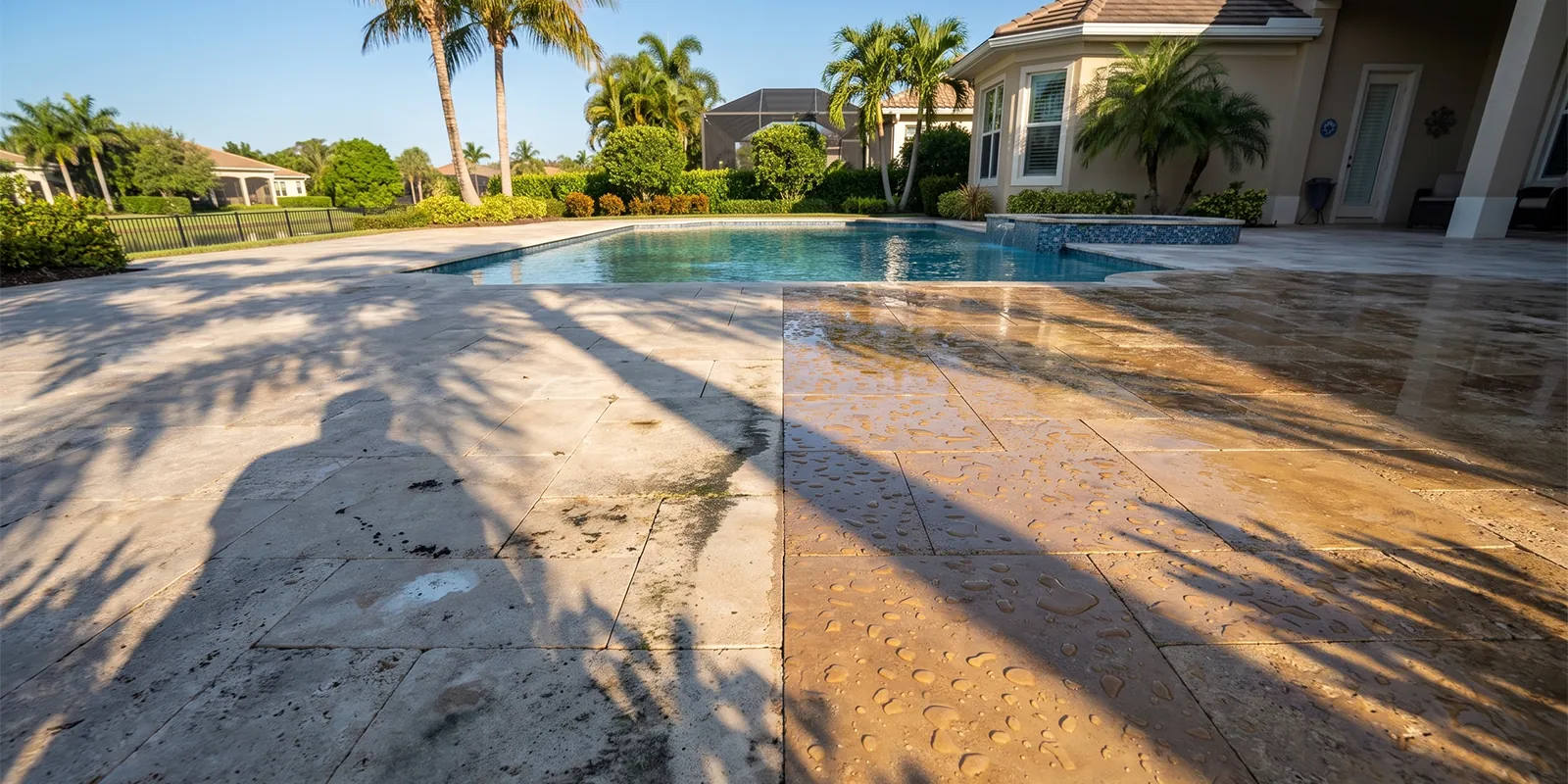 Sealed and unsealed sections of a Florida paver driveway, showing how often to seal pavers matters for color retention