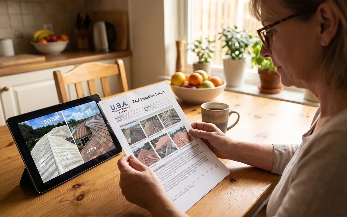 Florida homeowner reviewing a tile roof inspection report before insurance renewal