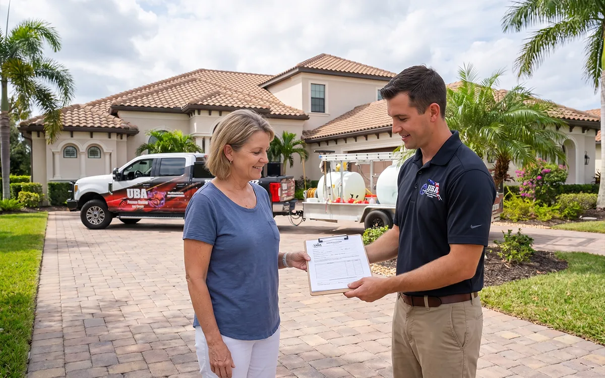 UBA technician delivering a written tile roof assessment in Sarasota