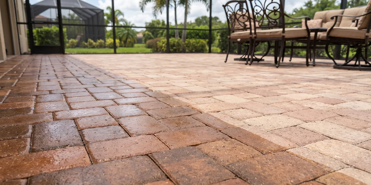Natural, enhanced, and low-sheen finish levels compared on one travertine paver deck