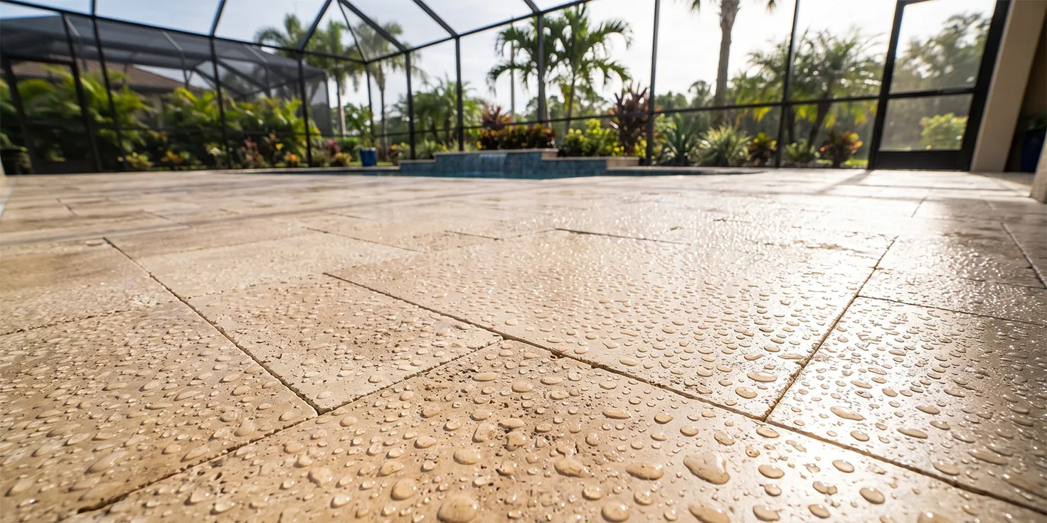 Paver sealing on a travertine pool deck with water beading on the freshly sealed surface