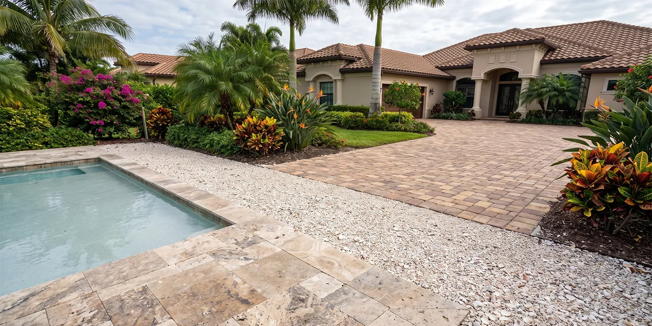 Travertine, marble, shell lock, concrete, and clay brick paver samples side by side