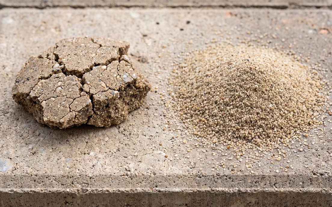 Cured polymeric sand next to loose polymer-free paver joint sand