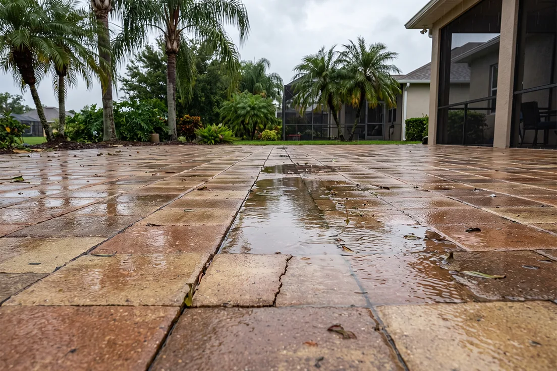 Failed polymeric sand joint cracked over a void on a Florida paver driveway