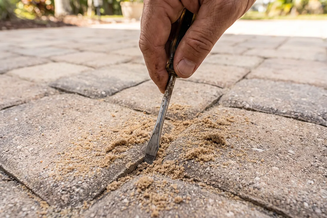 Screwdriver test checking whether a paver joint holds polymeric or polymer-free sand
