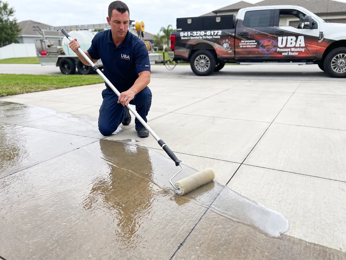 Sealer being rolled onto a cleaned concrete paver driveway with the wet edge visible