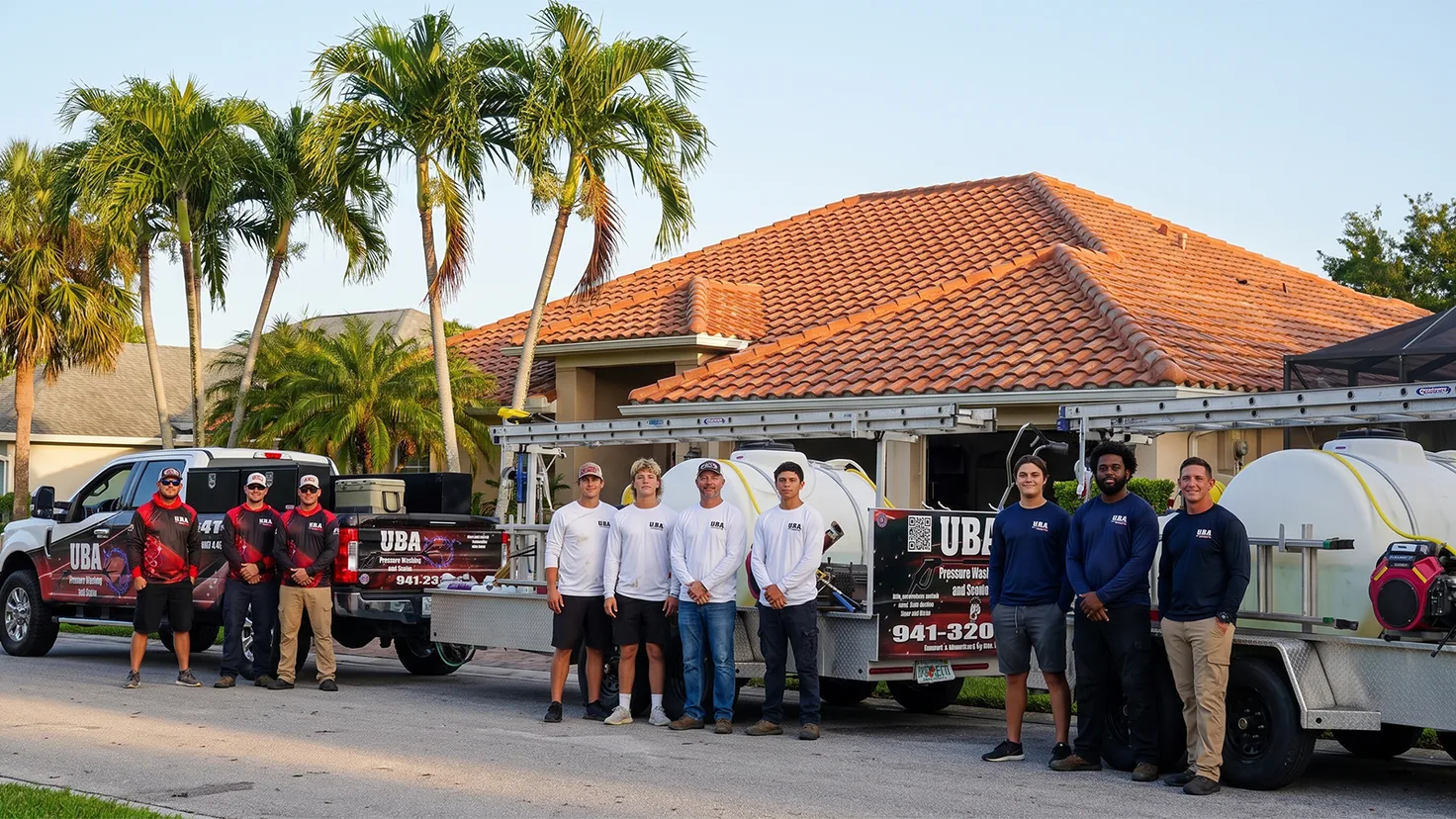 The UBA Pressure Washing team, Red, White, and Blue crews, at a Sarasota job site
