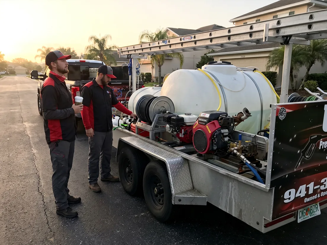 UBA Red Team crew checking trailer pump equipment before a Sarasota job
