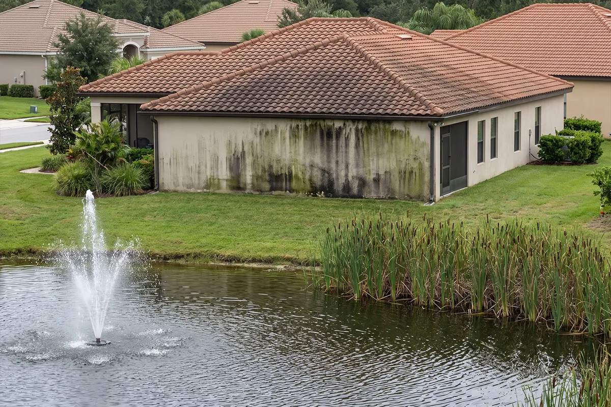 Algae growth on the shaded pond-facing side of a Lakewood Ranch home exterior