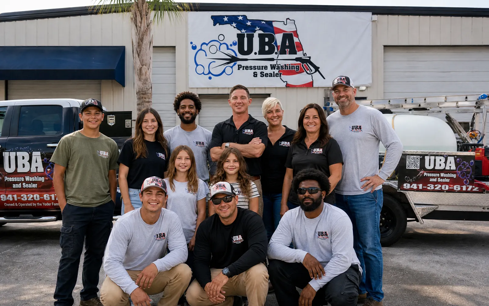 The full UBA Pressure Washing team posed in front of the UBA warehouse with branded trucks and equipment trailer in Sarasota