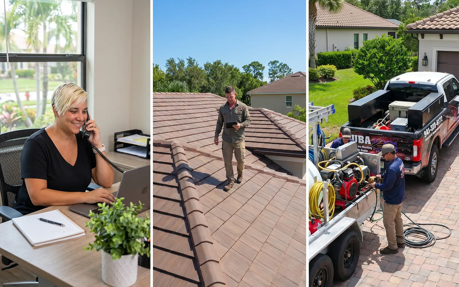 Three-panel view of the UBA team in action: office manager on the phone, technician inspecting a tile roof with a tablet, and field crew preparing equipment at the trailer
