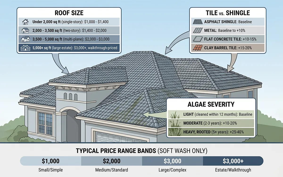 Roof cleaning cost factors in Florida including roof size, tile type, and algae severity