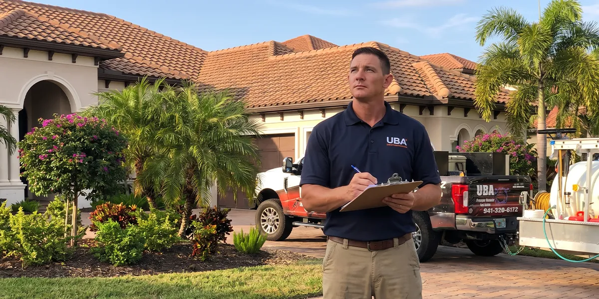 UBA crew lead assessing a Florida tile roof to quote roof cleaning cost in Sarasota