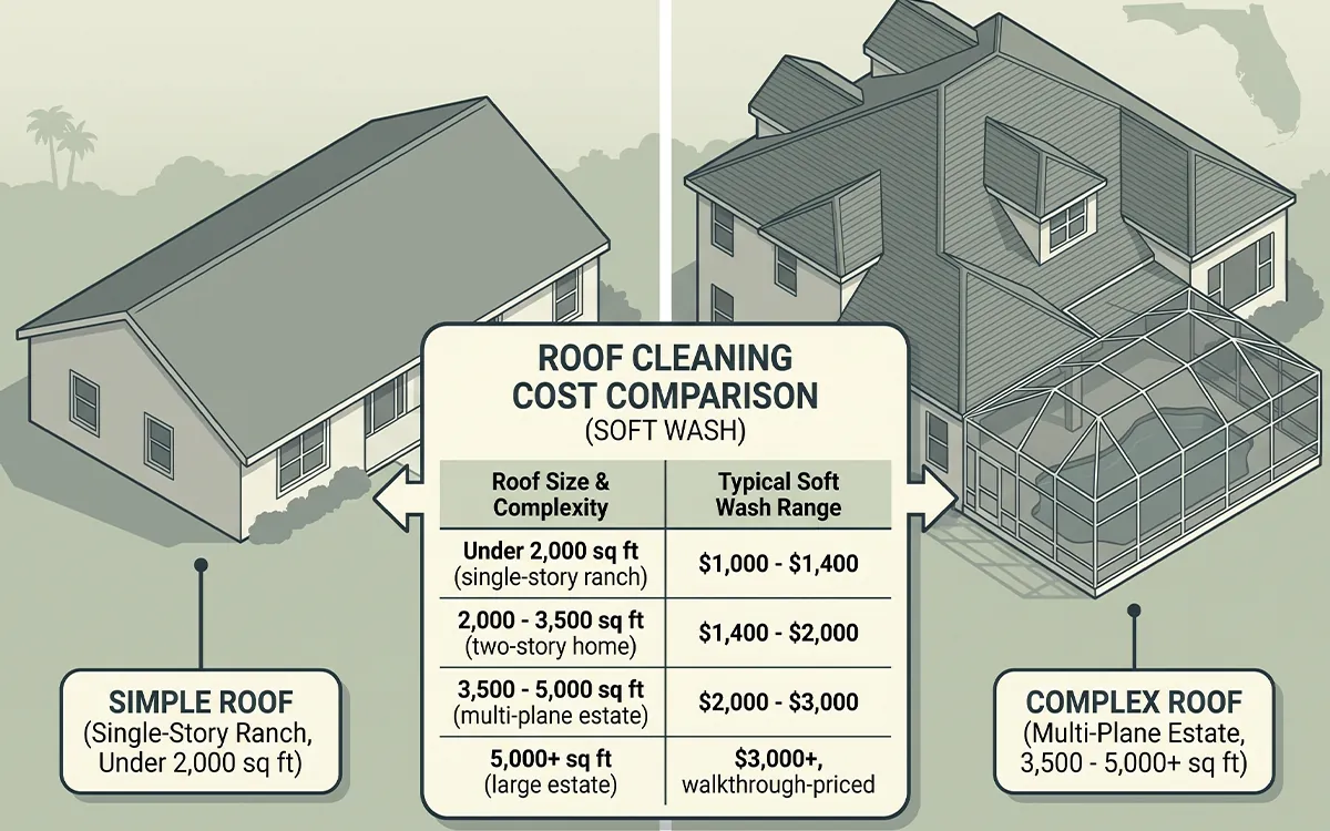 Roof cleaning cost comparison between a simple single-story roof and a complex multi-plane estate roof with a pool cage in Florida