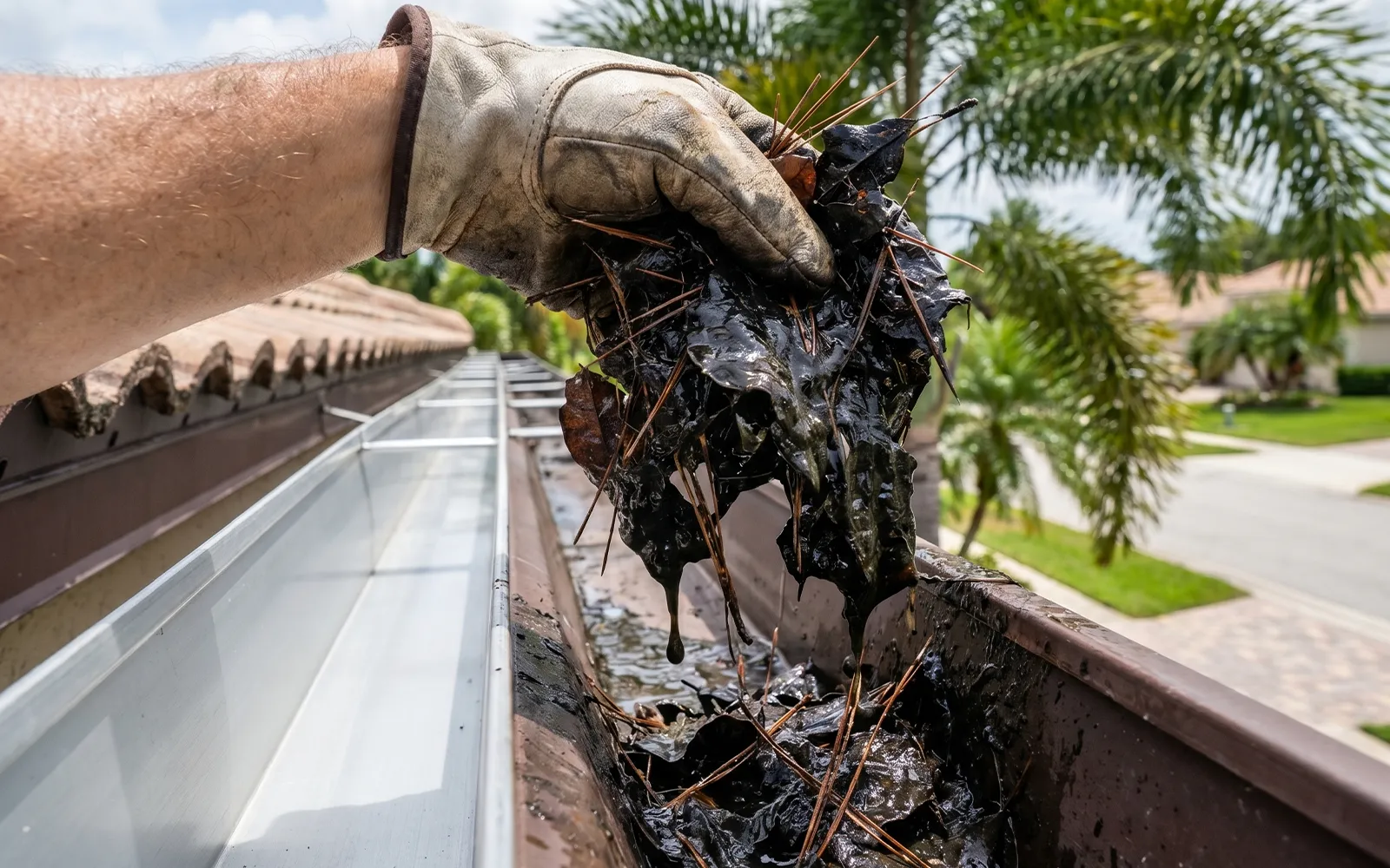 Gloved hand pulling pine needles and black algae sludge from a clogged Sarasota gutter trough