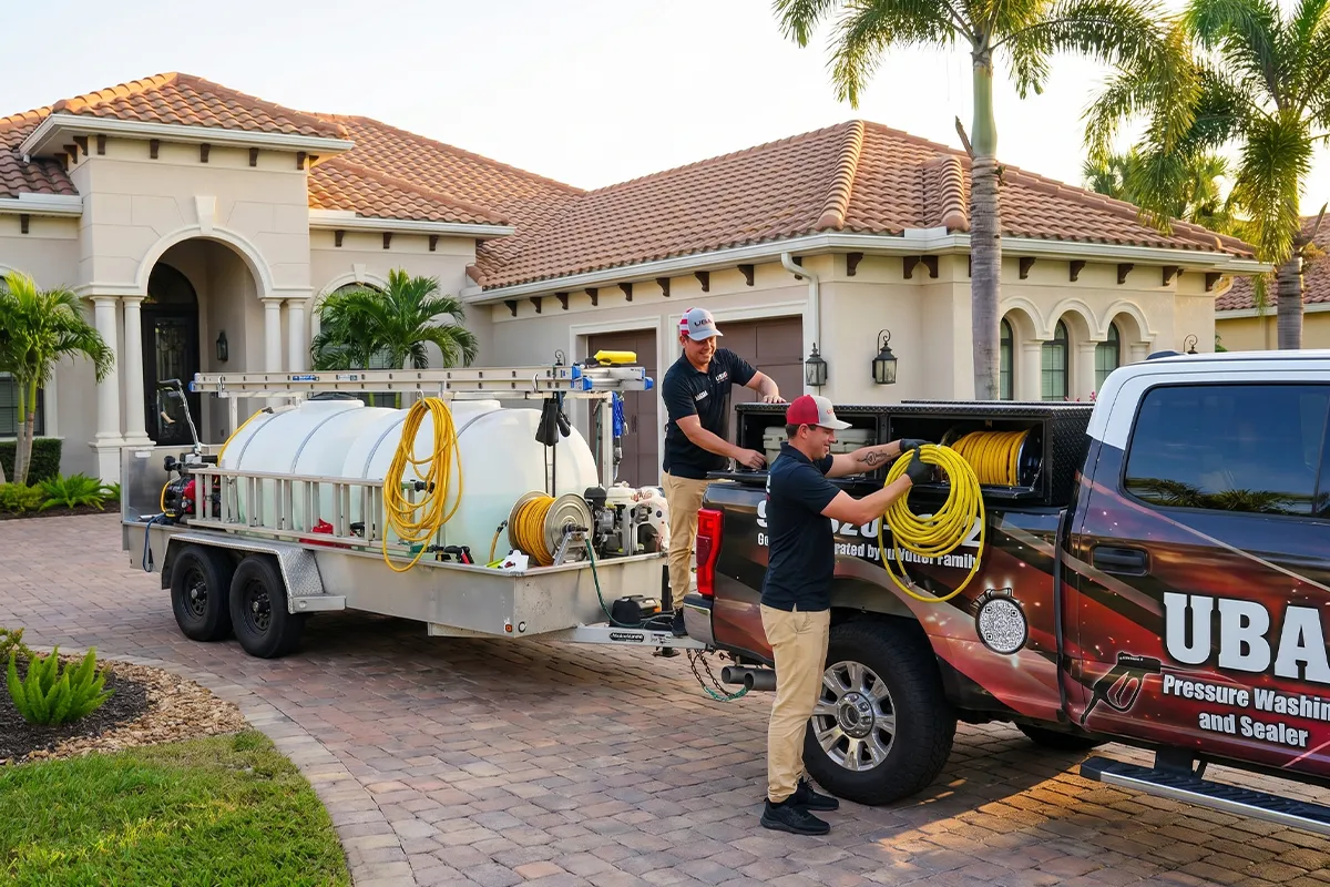 UBA Pressure Washing truck and equipment trailer staged at a Sarasota gutter cleaning job