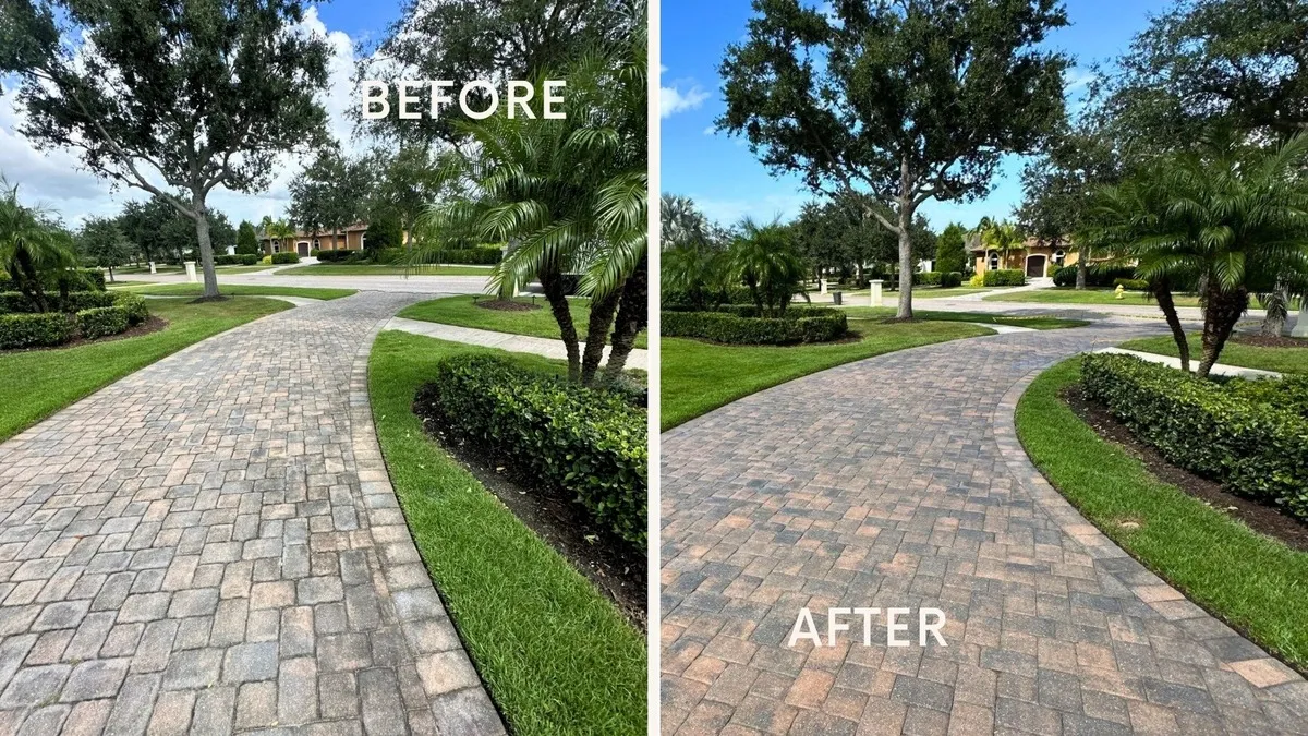 Before and after of a Sarasota brick paver driveway: left side faded and weathered, right side restored with vibrant color after UBA sealing