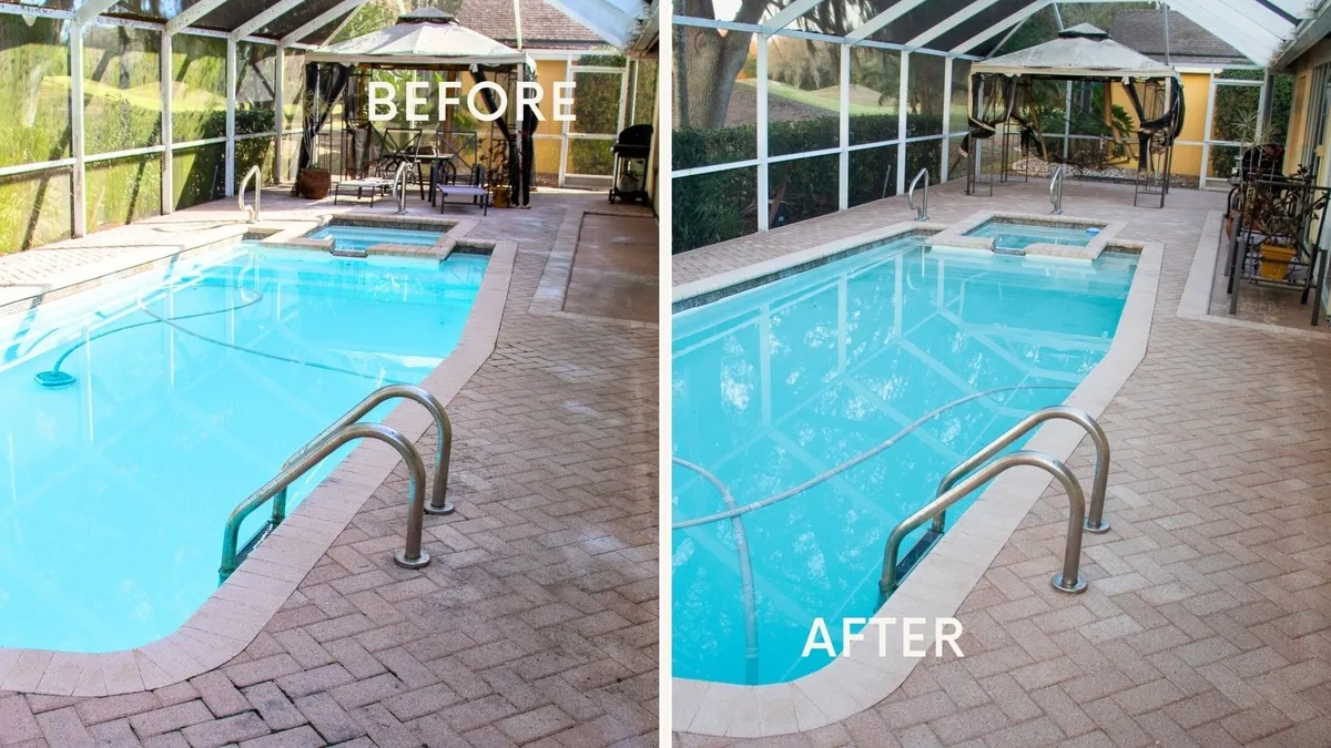 Before and after comparison of a Sarasota pool deck: left shows dull stained pavers, right shows the same surface after UBA cleaning and sealing