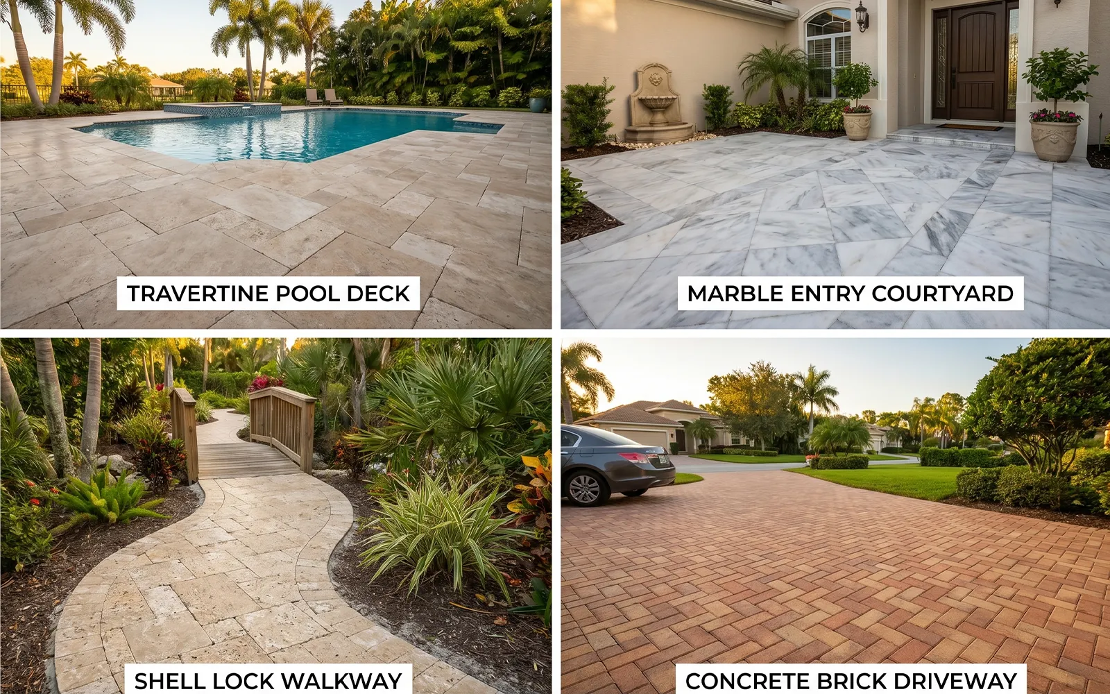 Four Sarasota paver types handled by UBA: travertine pool deck, marble entry courtyard, shell lock walkway, and concrete brick driveway