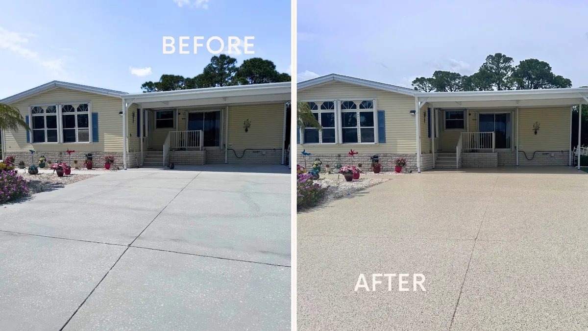 Before and after of a concrete driveway at a Sarasota home: left shows grey weathered and stained concrete, right shows the same surface cleaned to a bright uniform finish after UBA pressure washing
