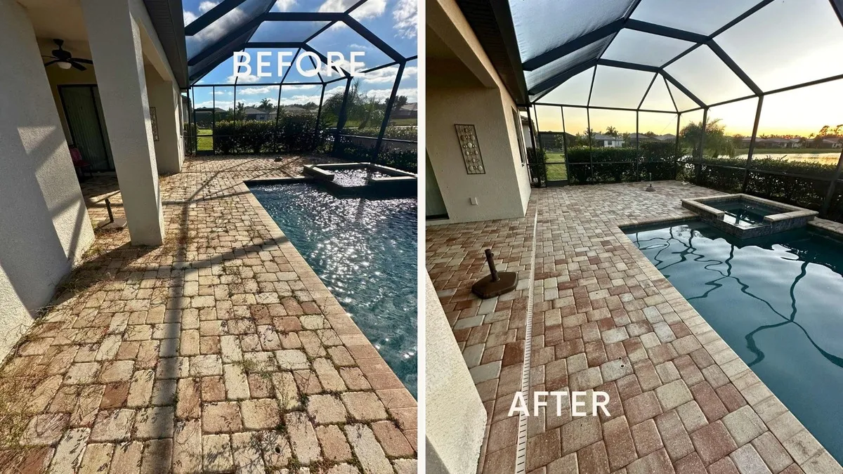 Before and after of a brick paver pool deck with screen enclosure in Sarasota: left shows dark stained pavers surrounding the pool, right shows the same pavers restored to their original warm color after UBA cleaning and sealing