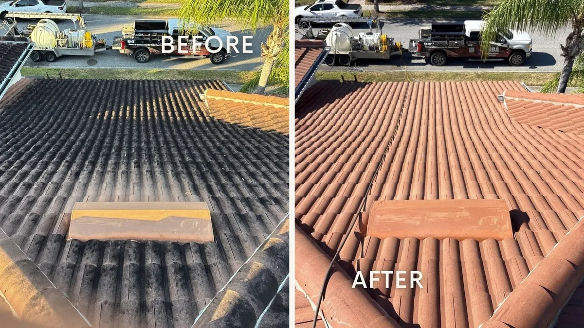 Before and after close-up of a tile roof with severe algae coverage: left shows tiles nearly black from heavy Gloeocapsa magma growth, right shows the same tiles fully clean and restored after UBA soft wash