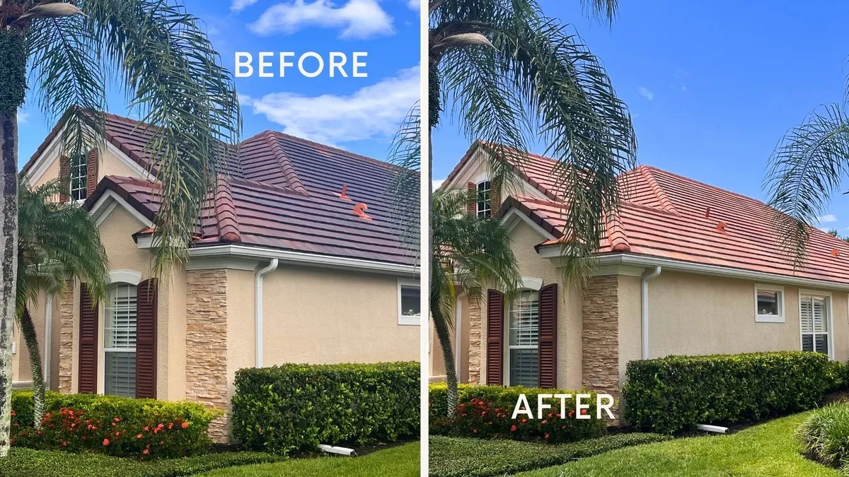 Before and after of a clay barrel tile roof on a Sarasota home: left shows dark Gloeocapsa magma algae streaking across terracotta tiles, right shows the same roof fully restored to clean vivid color after UBA soft wash