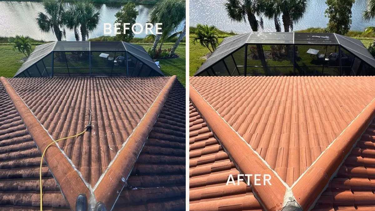 Before and after aerial view of a Sarasota clay barrel tile roof: left side showing dark algae streaking, right side showing the same roof restored to vibrant terra cotta after UBA soft wash cleaning