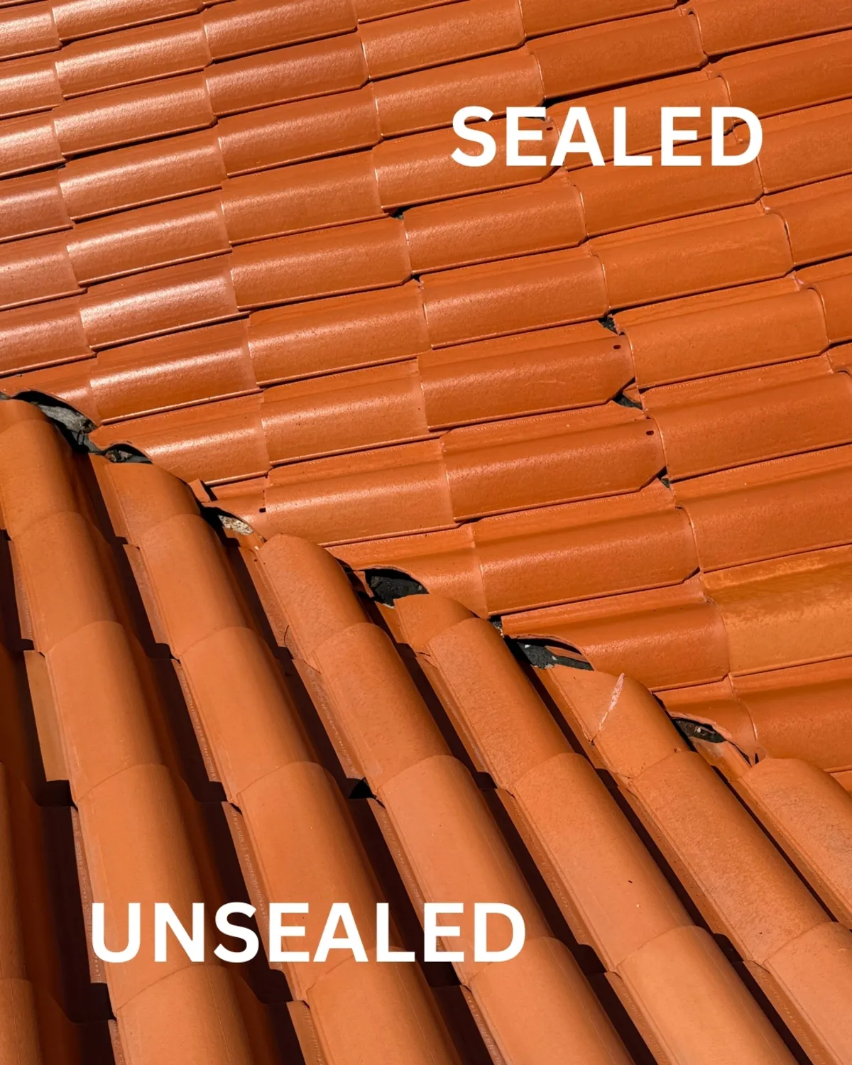 Close-up comparison of Florida clay barrel tile: top half labeled Sealed showing vibrant protected tile, bottom half labeled Unsealed showing the same tile type before HydroLock treatment