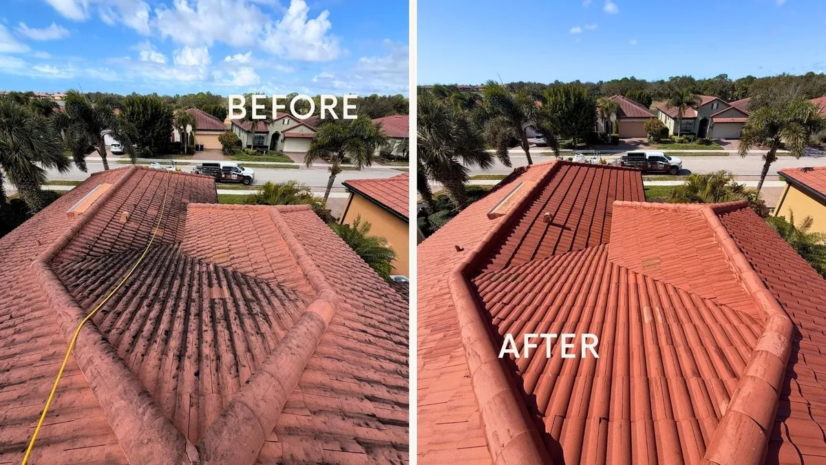 Before and after aerial view of a Sarasota clay barrel tile roof: left side shows dark Gloeocapsa magma algae streaking, right side shows the same roof restored to vivid terra cotta after UBA soft wash treatment