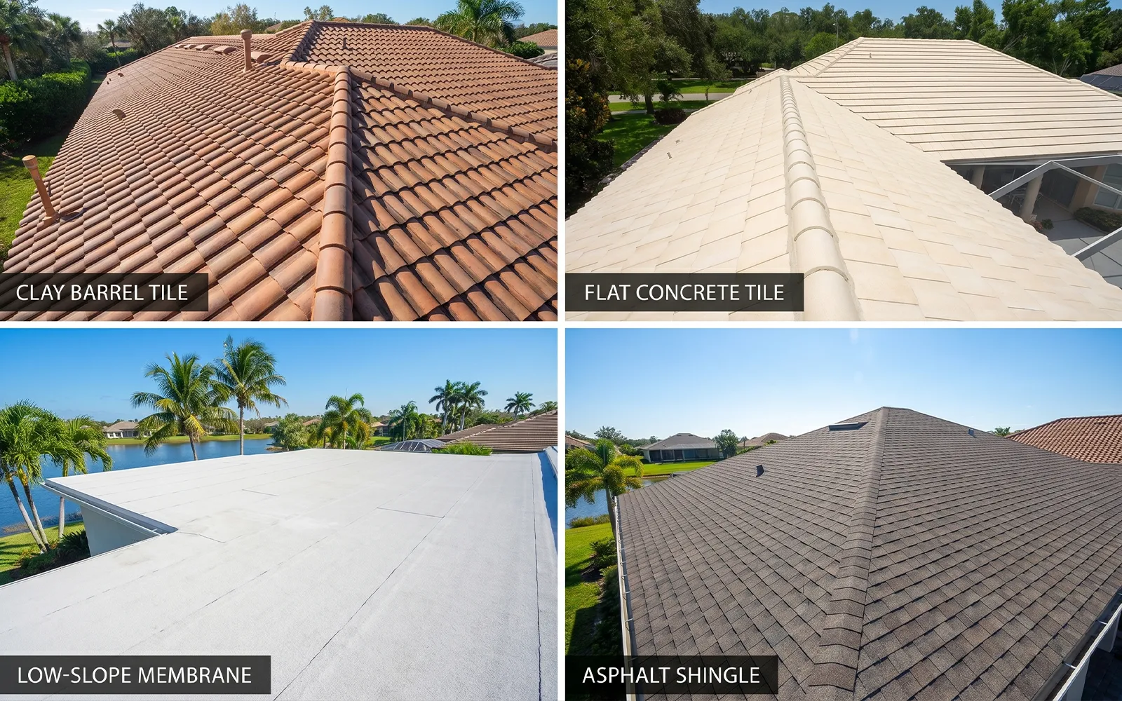 Four-panel photo collage of Florida roof types UBA soft washes: top-left Clay Barrel Tile showing vibrant terra cotta, top-right Flat Concrete Tile in light grey, bottom-left Low-Slope Membrane on a modern home, bottom-right Asphalt Shingle in dark charcoal