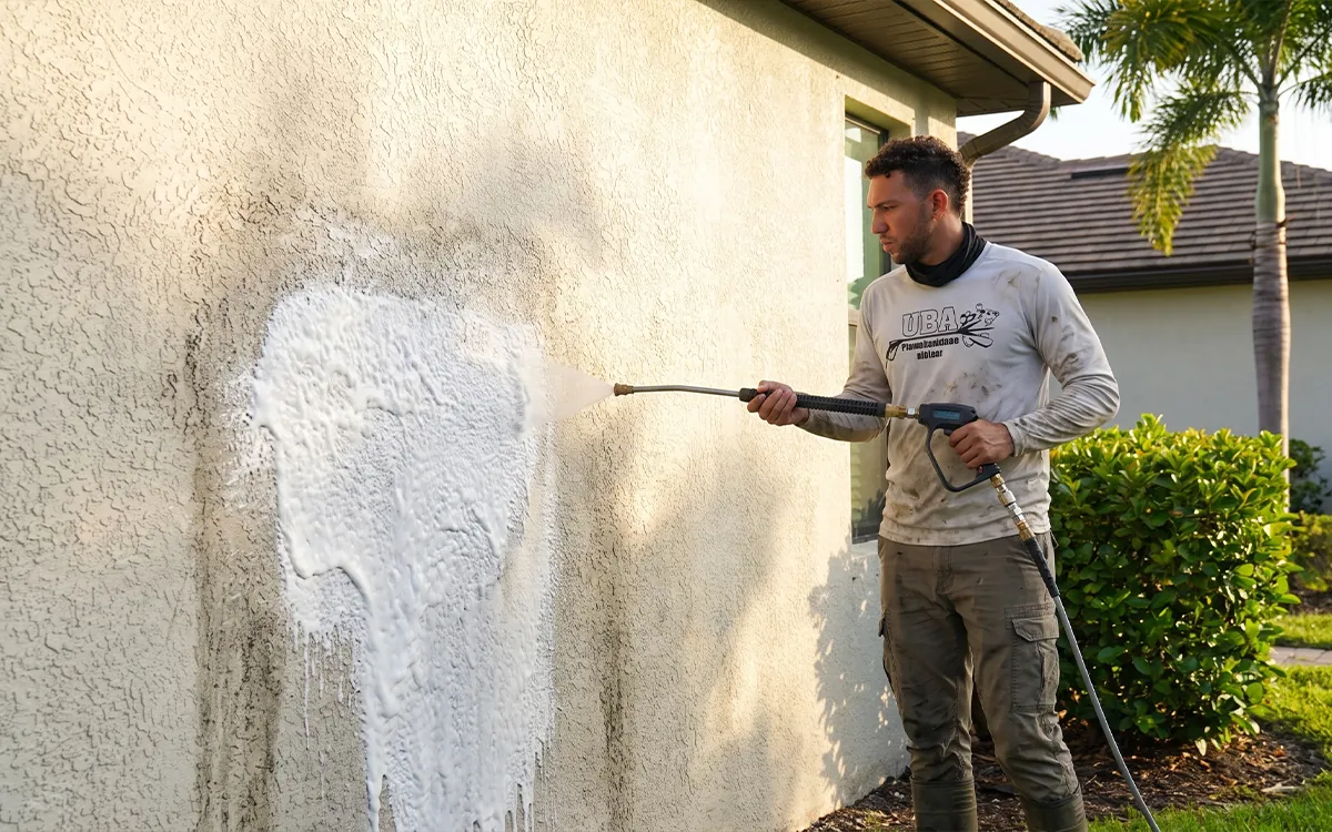 UBA technician performing a soft wash treatment on Florida stucco